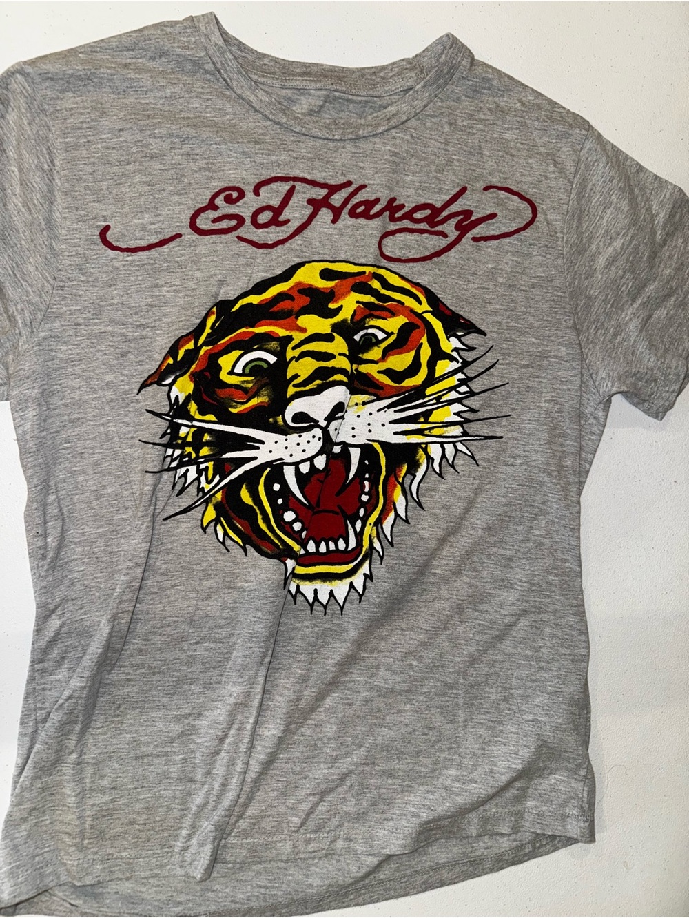 Ed Hardy Gray Tee with Bold Yellow & Red Tiger Graphic